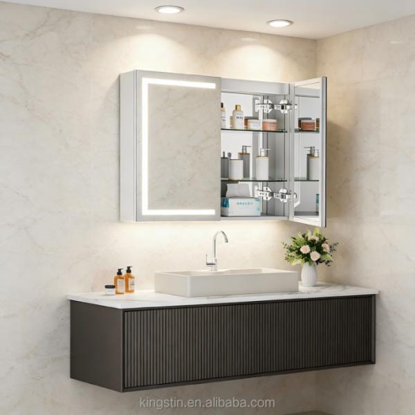 Kingstin LED Lighted Bathroom Mirror Cabinet Wall-Mounted Double Door with Storage & Anti-Fog Illuminated Vanity Mirror
