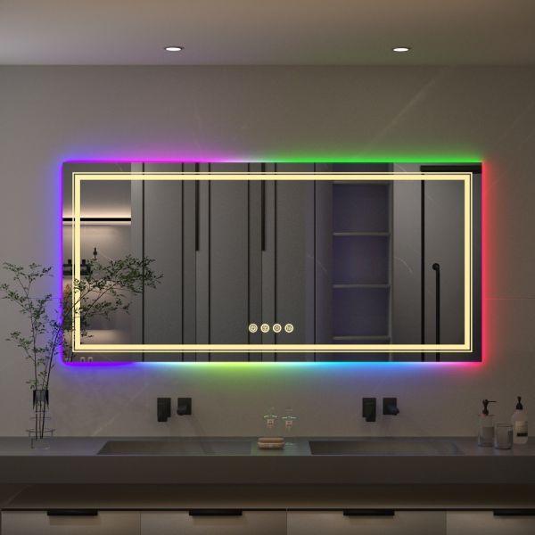 Modern Luxury Frameless LED Backlit Bathroom Anti-Fog Rectangular Touch Screen RGB Color Changing Feature IP44 Rated for Hotels