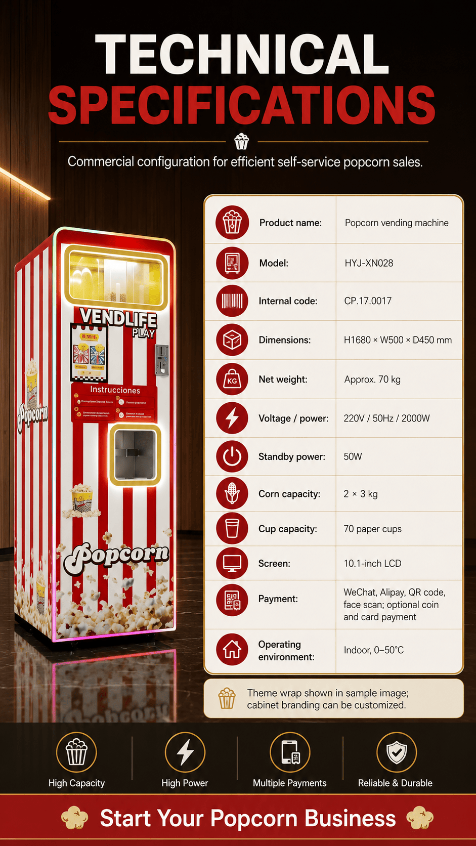 Commercial Automatic Popcorn Vending Machine 24 Hours Unattended Self Service Cinema Popcorn Maker Multi Flavor Popcorn Dispenser For Mall Arcade Amusement Park Customizable