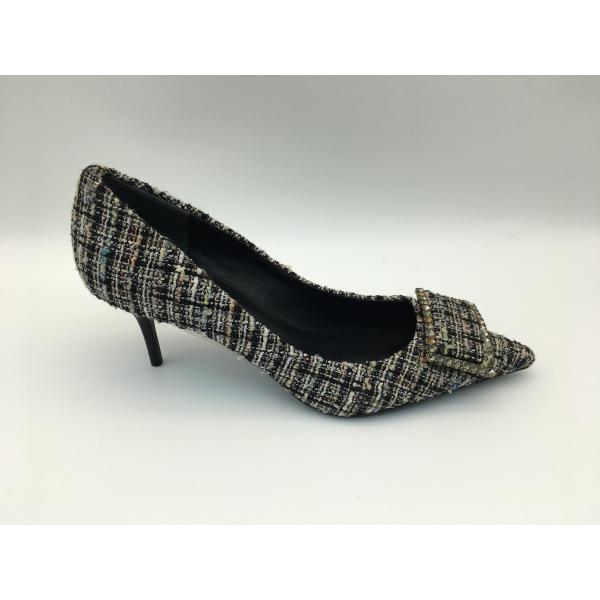 Checkered Upper Ladies Pumps Shoes , Women'S High Heel Dress Shoes With Square Metal Buckle