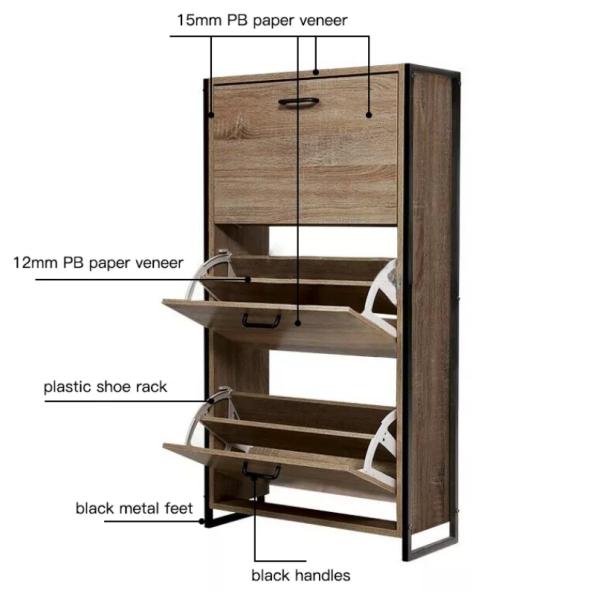 MDF Wooden 3 Tiers Flip Down Shoe Rack Furniture Organizer Cabinet For Home