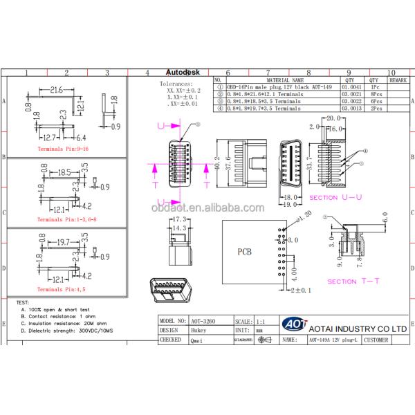 All Cars Applications Compatible 16 Pin OBD2 Connector for PCB Made of PA66 GF Material