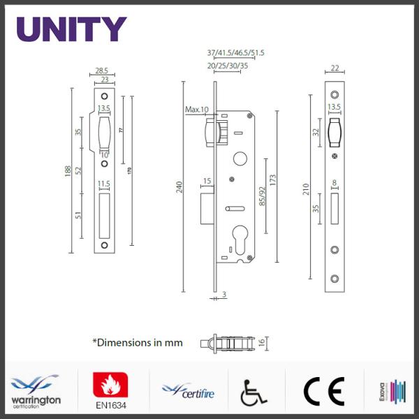 Certifire Stainless Steel Mortice Door Lock for Fire Door 4 hour EN1634 Fire Tested EN12209 and CE Marking
