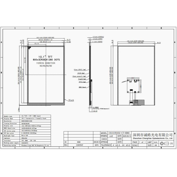 Module d'affichage HDMI 10,1 pouces 800x1280 LCD IPS TFT haute résolution avec capteur tactile
