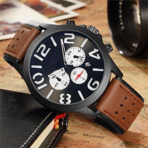 Pin Buckle Triple Date Calendar Watch Leather Belt Mens Chronograph Watches