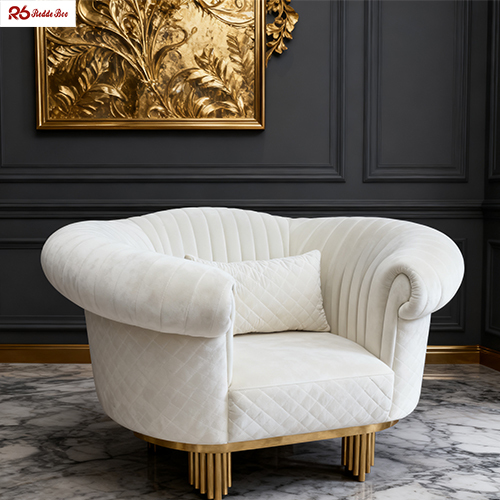 Cushioned Linen Fabric Sofa White Velvet Settee With Radiating Legs Furniture