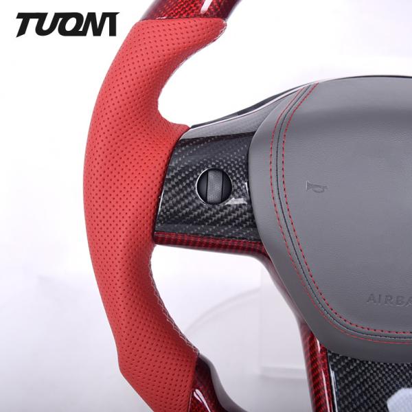 Red Carbon Fiber Rounded Top Flat Bottom Steering Wheel Tesla Model 3 Y