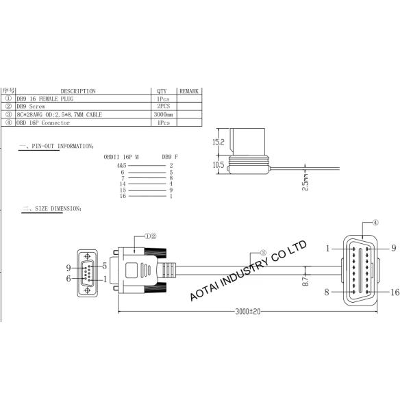 OBD2 Extension Cable Normal Plug Material PA66 GF 12V 24V 16Pin Male To DB9 RS232 Diagnostic Vehicle Data Cable