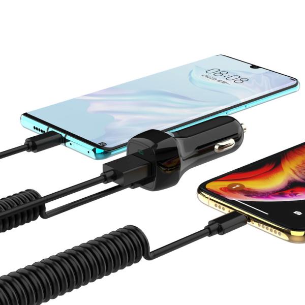 5V 3.4A Rapid Phone Charger 5Ft 1.5M Spring Flexible Cable 2 In 1 Car Charger