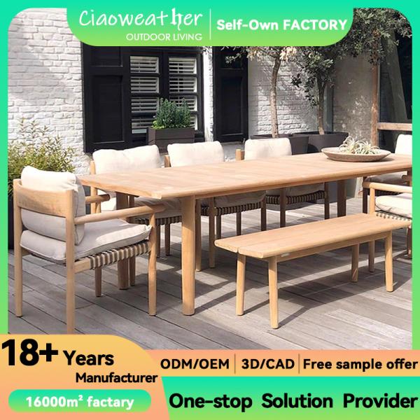 Modern Hotel Outdoor Furniture Set PE Rattan Solid Teak Wood Courtyard Chair and Garden Dining Table with Outdoor Cushion