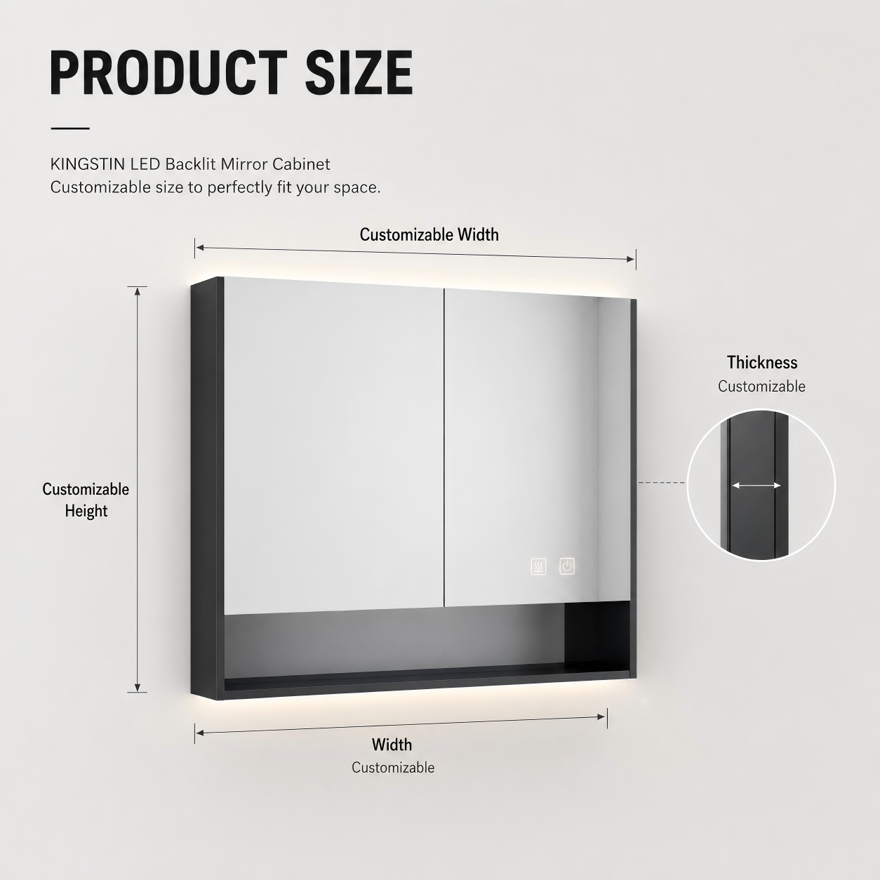 Kingstin LED Backlit Mirror Cabinet, Anti-Fog Aluminum Alloy Smart Bathroom Medicine Cabinet with Storage & USB