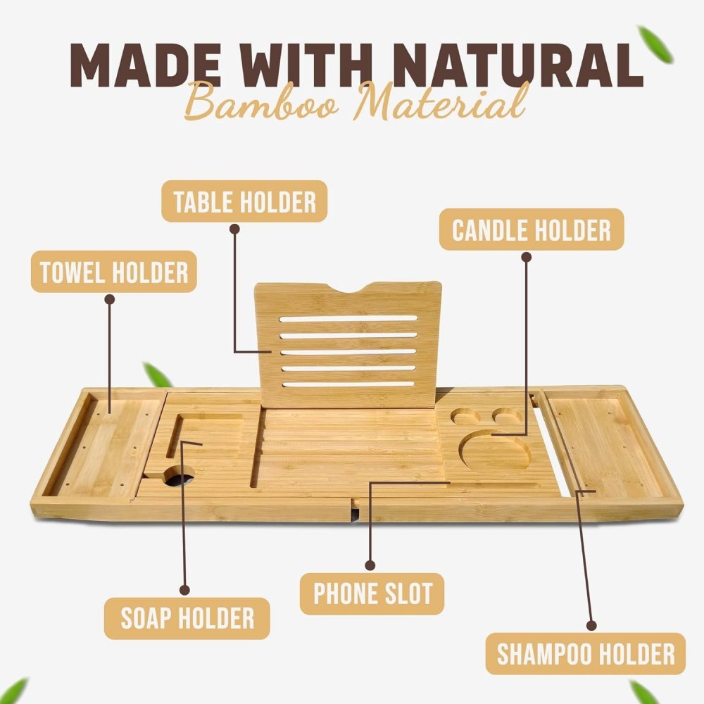Expandable Bamboo Bathtub Caddy with Safe Holders and Durable Design