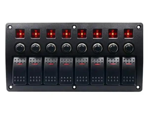 On Off Aluminium Rocker Switch Panel Waterproof 8 Gang 3 Pin Circuit Breaker Overload Protection