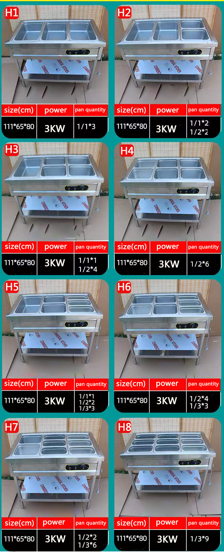 Rectangular Bain Marie Electric Food Warmer 150L 3 Pan Bain Marie