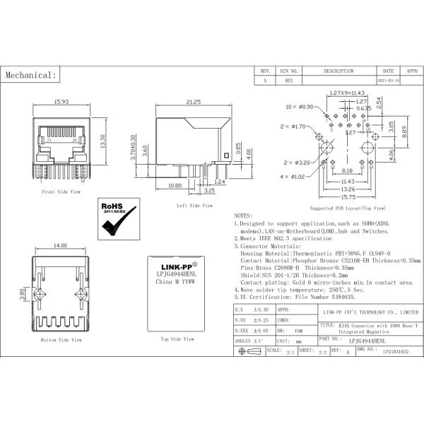 JXR1-0001NLT 100 Base-T Single Port Ethernet Magnetics RJ45 Modular Jacks