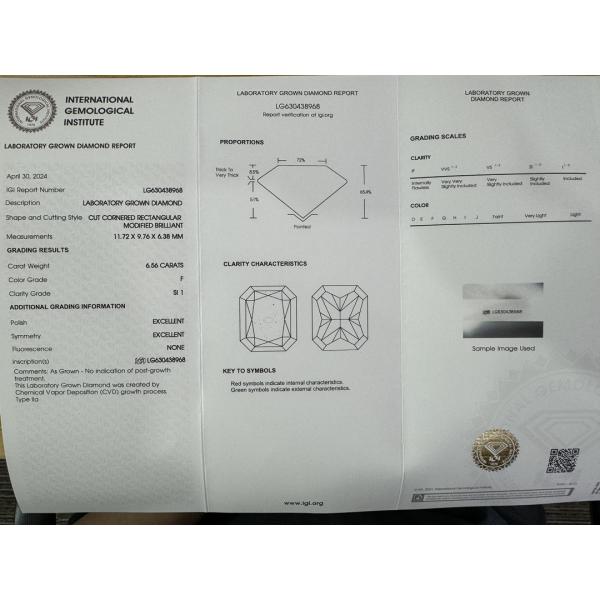 6.56 Carat Radiant Cut Diamond Lab Grown SI1 Clarity F Color