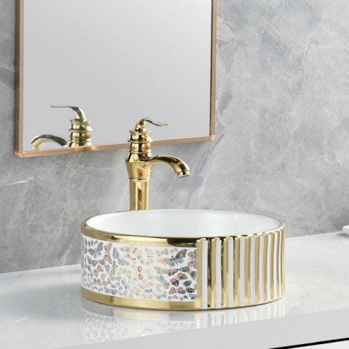 Lavabo doré en céramique pour salle de bain, vasque ronde artistique, facile à nettoyer