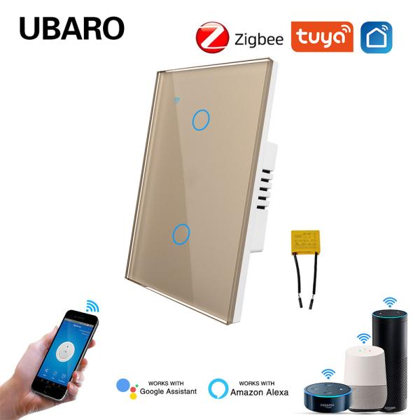 2Gang Tuya Smart Zigbee Switch com suporte a 21 idiomas para controle de luz Painel de vidro temperado Controle de fio ao vivo