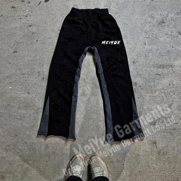 Impression sur mesure en strass pour hommes Coureurs à jambes larges Flare Baggy Acid Wash Pantalons de survêtement empilés Hommes Pantalons de survêtement décontractés Pantalon pour hommes
