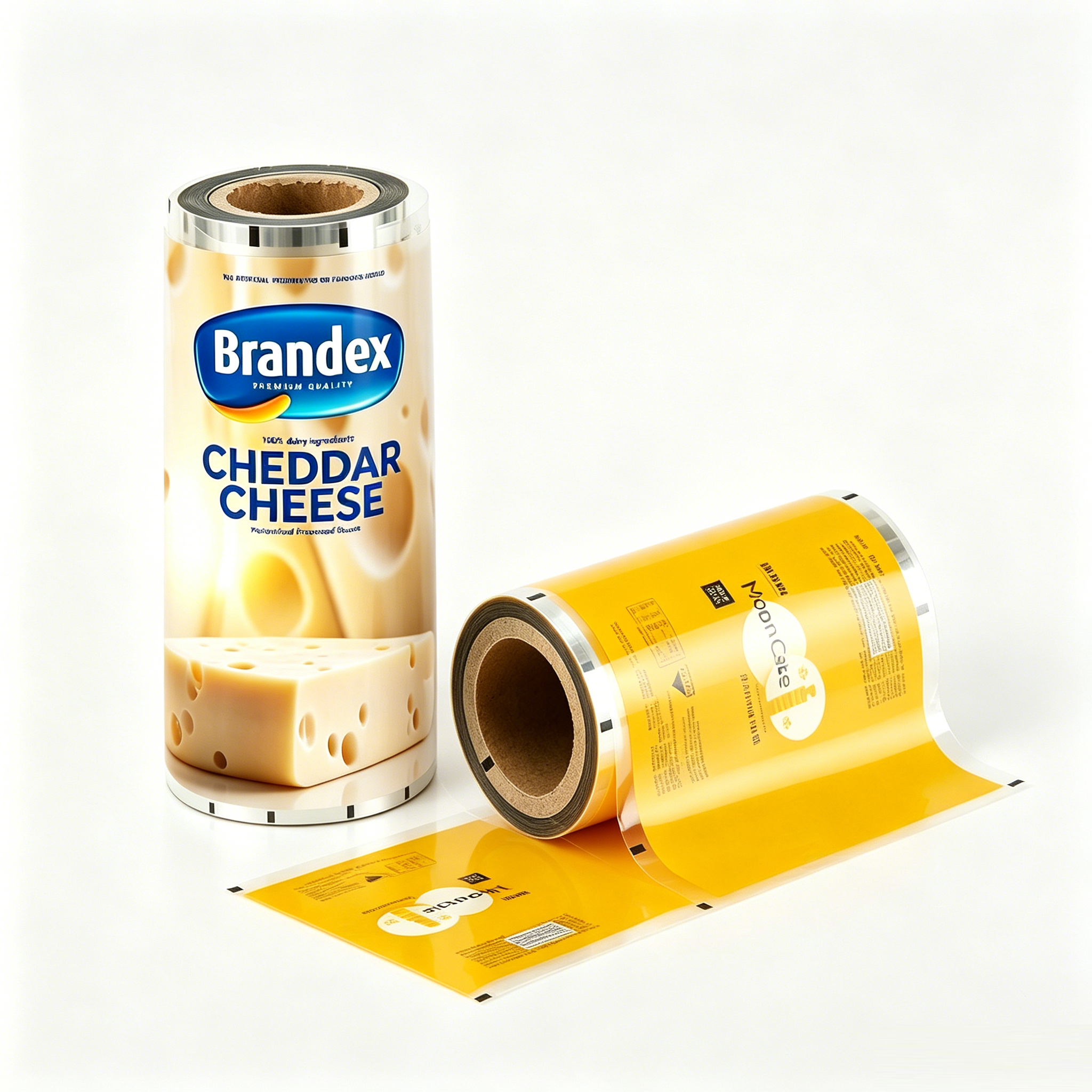 Food Grade Composite Packaging Roll Film For Cheddar Cheese Dairy Product | BOPP/VMPET/PE PET/AL/PE Barrier Laminated Automatic Packing Roll Stock For Yellow Hard Cheese OEM Custom Printed