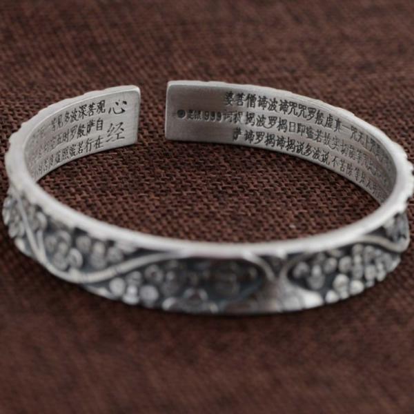 Women Sterling Silver Engraved Flowers Buddhist Sutras Retro Cuff Bracelet Bangle (SZ0161)