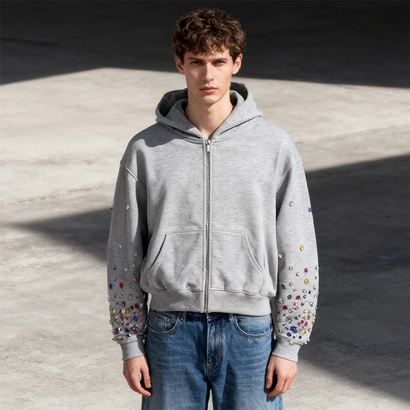 Men’s 450-500GSM Heavyweight Black Zip-Up Hoodie | Multicolor Rhinestone Embellished Sleeves | Oversized Streetwear