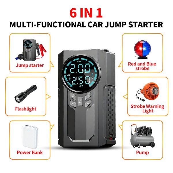 Emergency Jump Starter With Tyre Inflator 150 PSI Mini Portable Car Air Pump Compressor Tire Pump Starter Pack