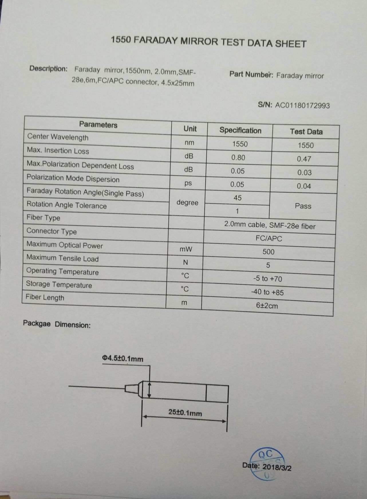 зеркало отрезка провода оптически МУС ДЭМУС 1550нм Фарадея 250ум/900ум/2мм для системы ВДМ