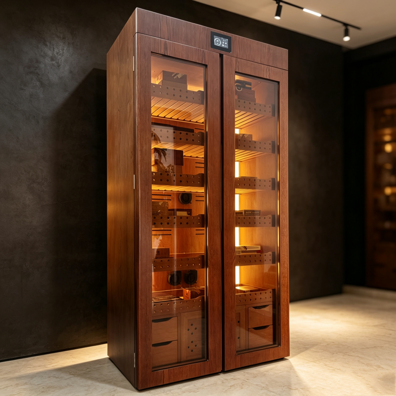 Dual Door Solid Wood Frame Cabinet Cigar Cooler Humidifier With LED Lighting