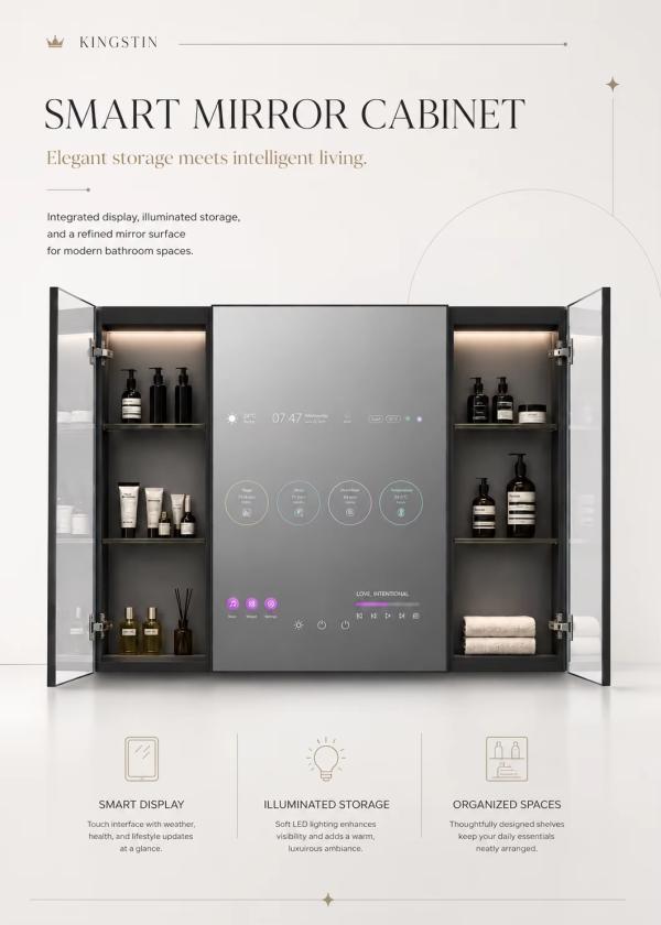 Kingstin Smart Backlit Stainless Steel LED TV Mirror Cabinet for Luxury Bathroom, 100% Custom Size Layout,