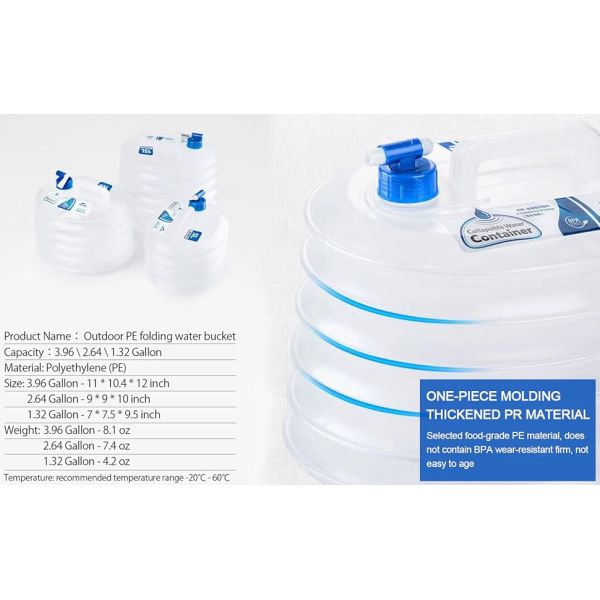 Gallon Premium Collapsible Water Containers: Large Capacity Food - Grade LDPE, BPA - Free, Ultimate For Camping & Hiking. With A Patented Leak - Proof Faucet Design