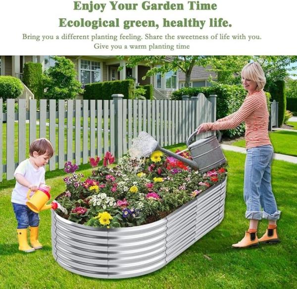 Cama de jardín galvanizado elevada Cama de jardinería de plantación 6 * 3 * 2 pies Oval Caja de jardín de metal exterior, gran caja de jardín de metal