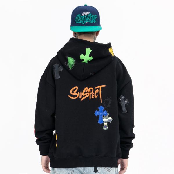 Casual Unisex Black Plus Size Plain Heavy Hoodies Sweatshirts Embroidered Printing