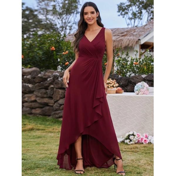 Sexy High-low Ruffles V-neck Waist Pleating Two Straps Pink Chiffon Pleated Lotus Leaf Sleeveless Bridesmaid Dress