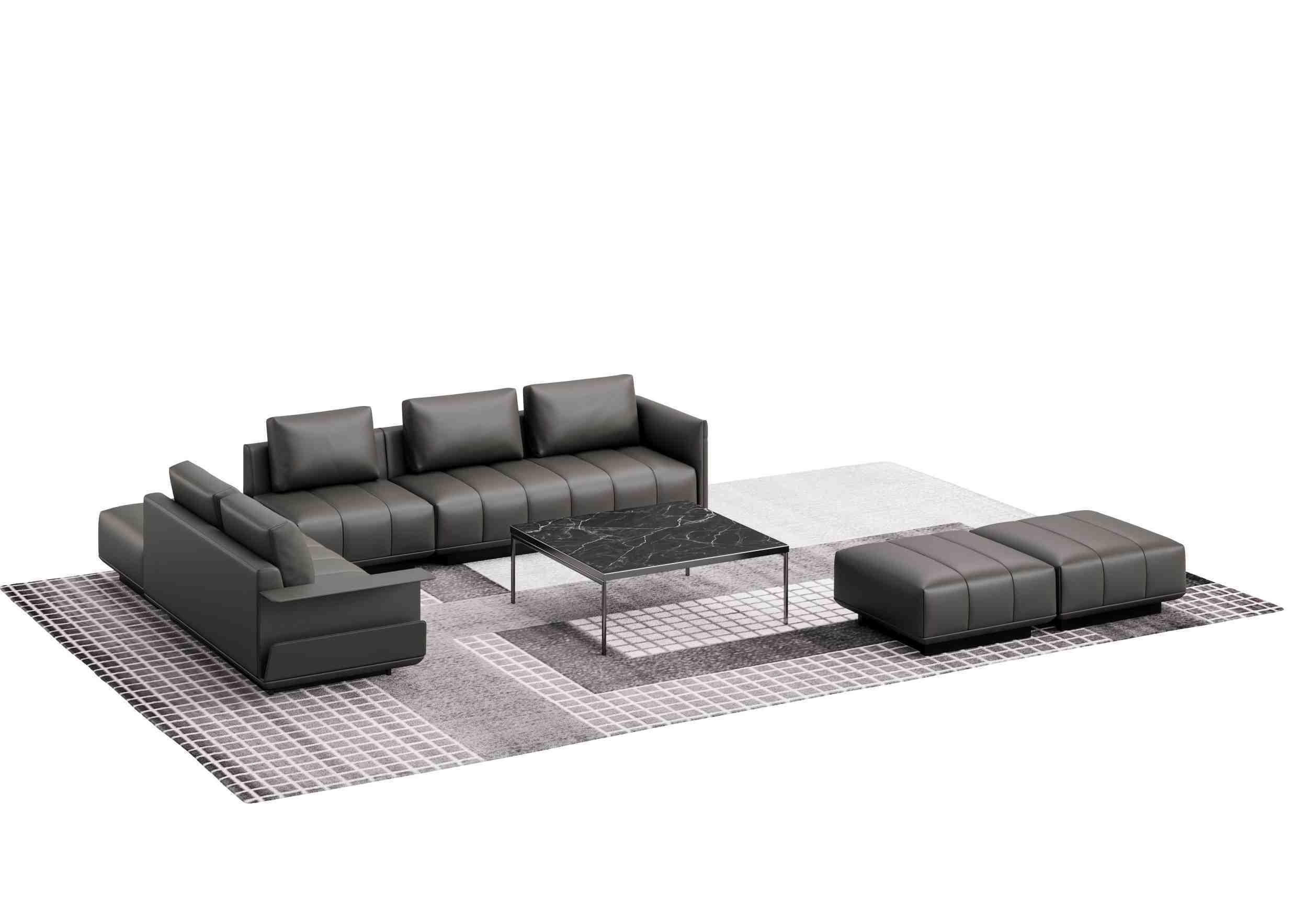 Star II Lounge Sofa Modular with Light Leather, Dark North American Walnut, and Double C-shaped Legs