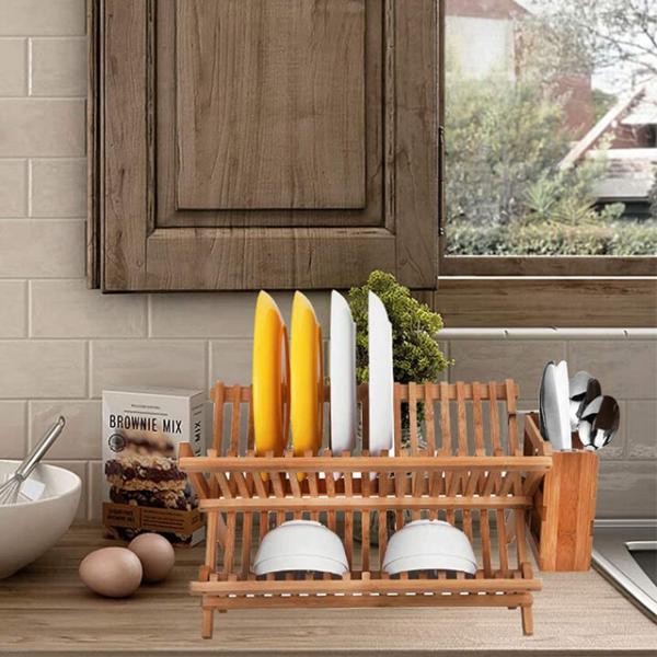 BAMBOO Rectangle Folding Plates Cups Stand Holder Collapsible Dish Drying Drainer Rack