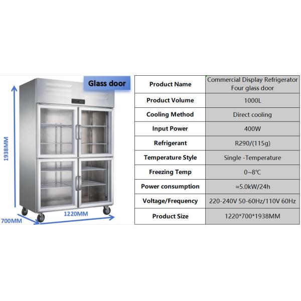 1000L 4 portes congélateur à porte en verre acier inoxydable de qualité alimentaire