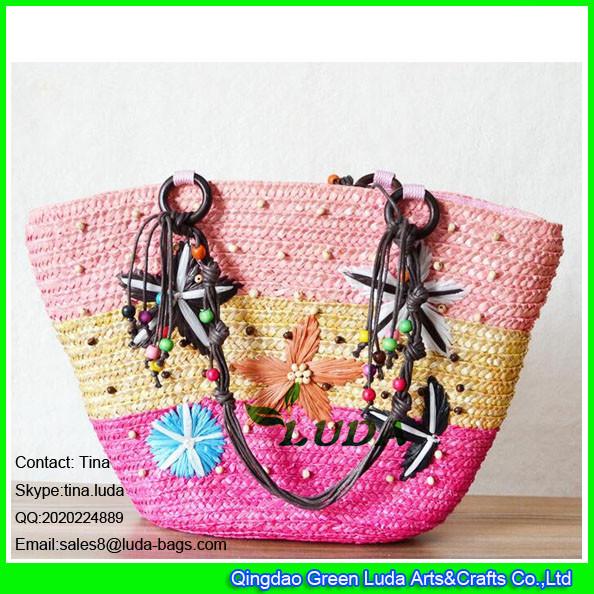 LDMC-073 hot sale summer straw bag  lady embroidery starfish beach straw bags with wooden beads