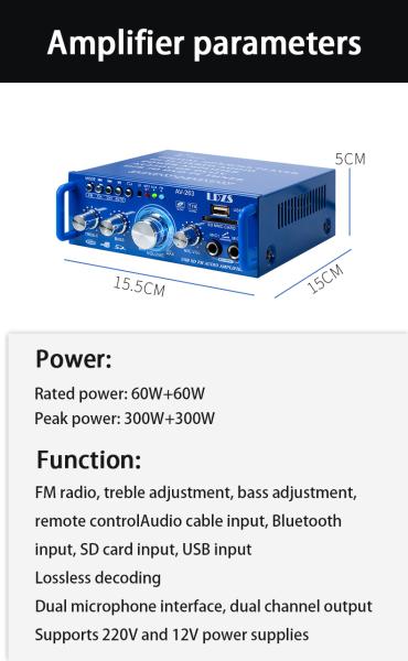 AV-263BT 2.0 Channel 120W HiFi Mini BT Wireless Home & Car Amplifier 110V/220V 12V MP3 Player Receiver