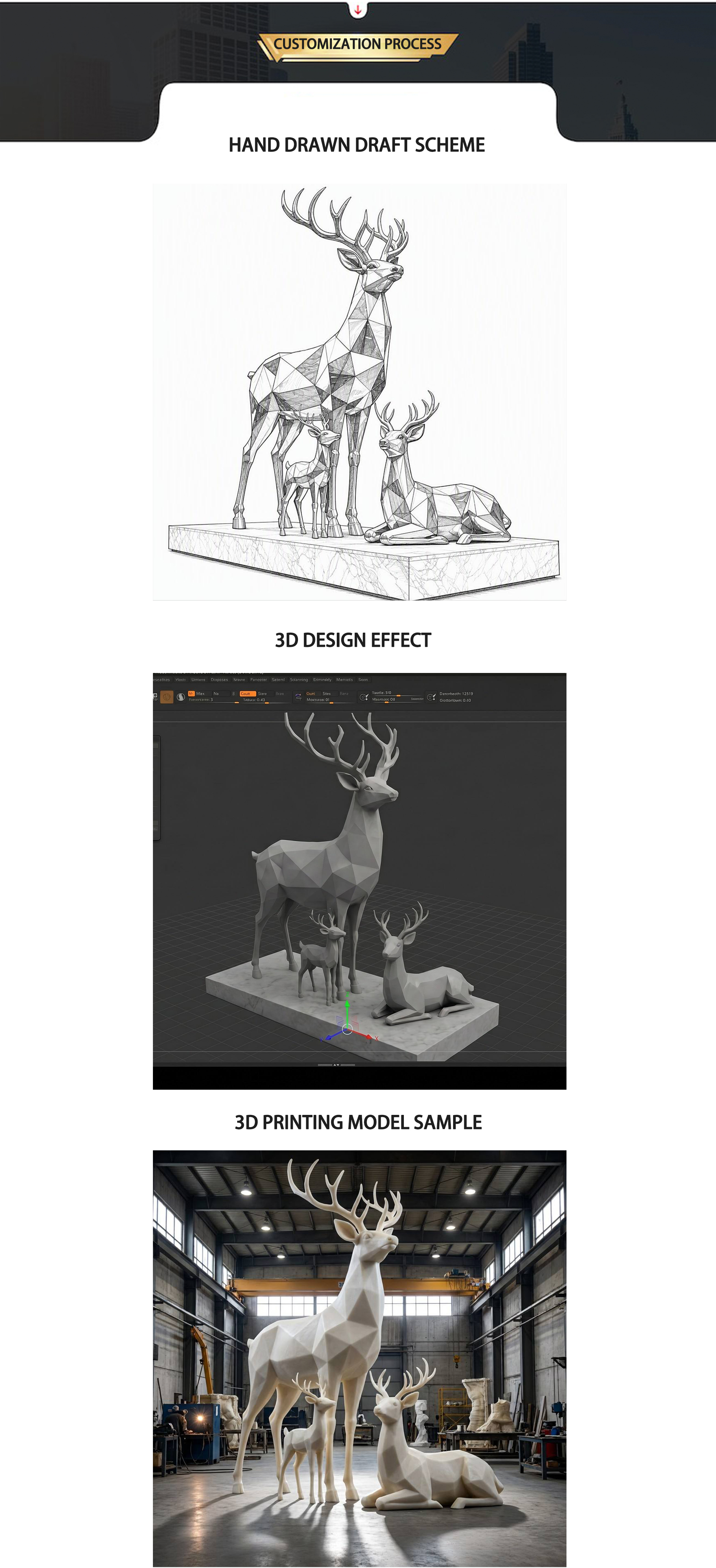 Large Gold‑Plated Stainless Steel Geometric Faceted Deer Family Sculpture for Shopping Mall Festival Outdoor Landscape