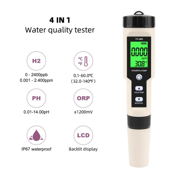 4 - In - 1 Hydrogen Water Quality Tester - H₂/pH/ORP/Temp Meter For Health Aquaculture Lab