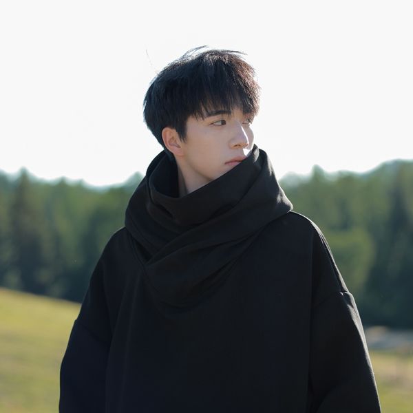 Vintage Turtleneck Windproof Face Cover Hoodie, Unique Introvert Street Casual Sweatshirt