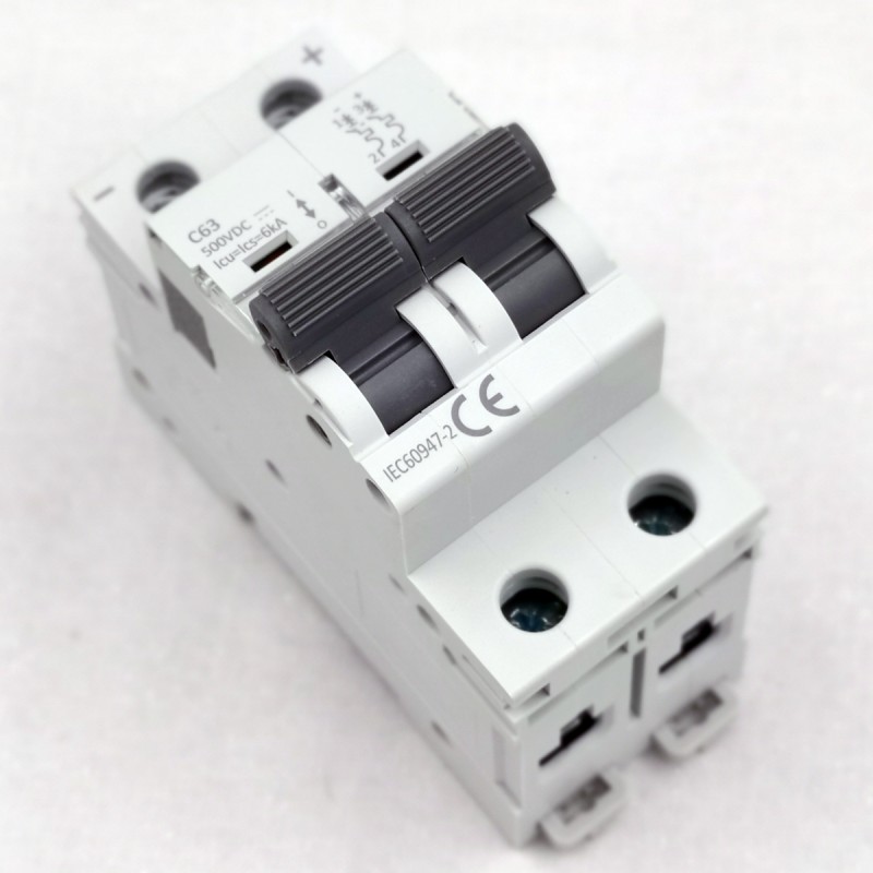 2P 500V DC Circuit Breaker 6A to 63A Curve C IP20 DC Miniature Circuit Breaker for Solar PV System