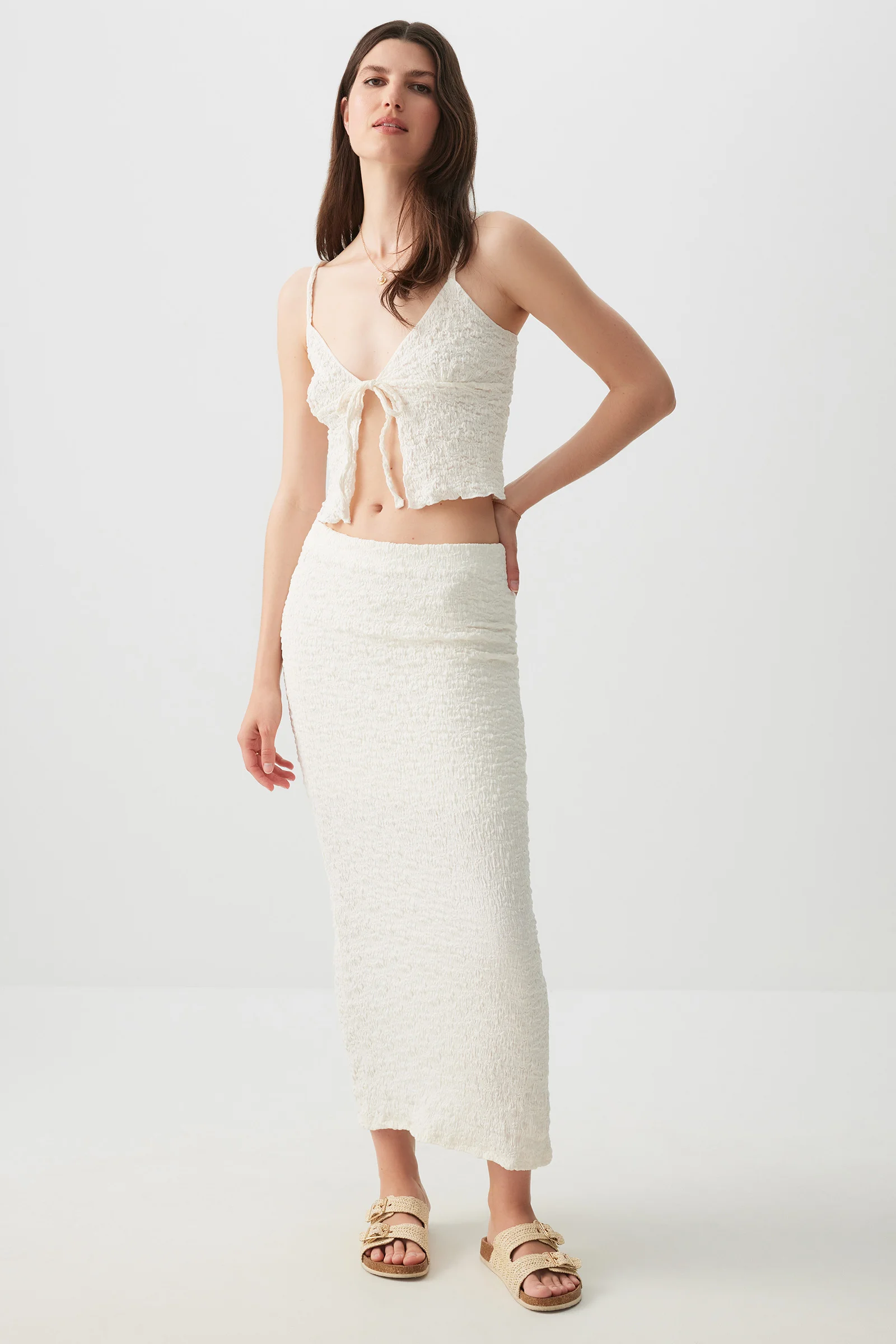 Textured Smocked Tie-Front Collection - Cami & Short Sleeve Tops (Red / White / Black)