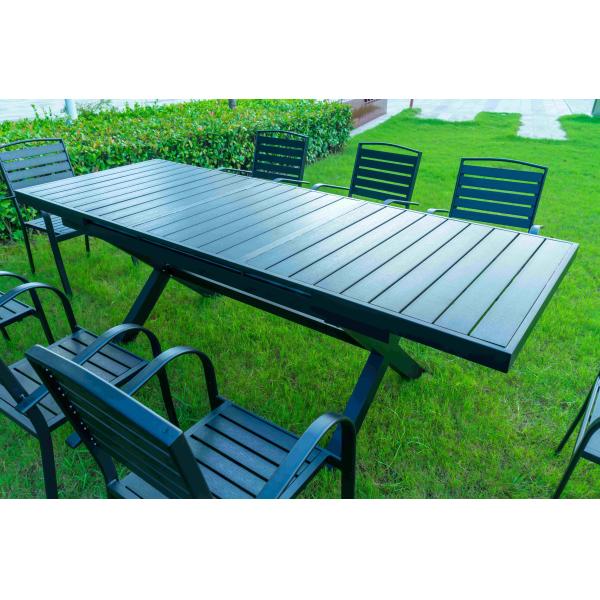 Black 11 Pieces Plastic Wood Modern Outdoor Garden Furniture Table Set 8-10 Seater Extendable Patio Dining Table Chairs