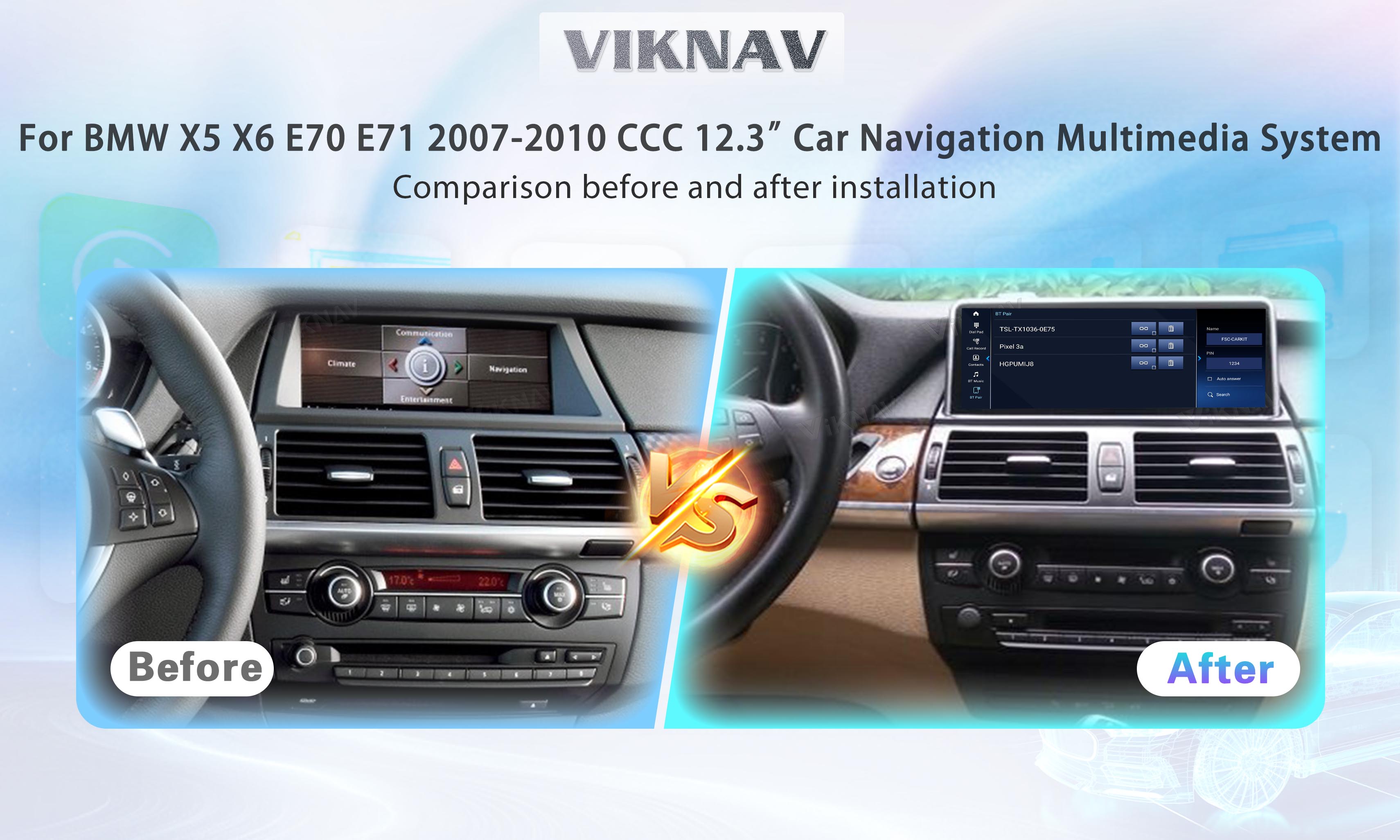 Авторадио Viknav 12,3 дюйма Для BMW X5 X6 E70 E71 2007-2010 Система поддержки CCC Беспроводная Apple CarPlay Android Auto Multim