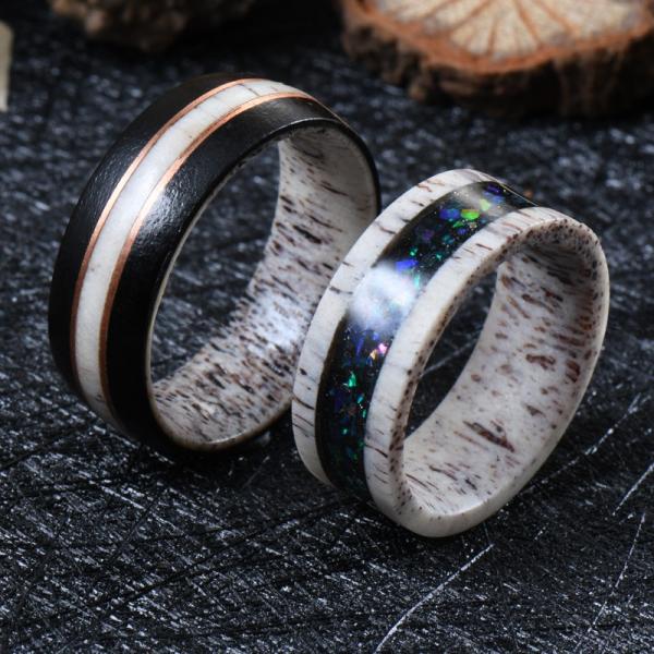 Starry Opal Inlay Deer Antler Wedding Band 8mm with Invisible Setting