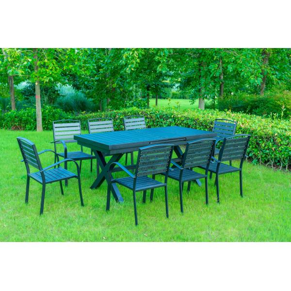 9 Pieces Black Plastic Wood Modern Outdoor Garden Furniture Table Set 8-10 Seater Extendable Patio Dining Table Chairs