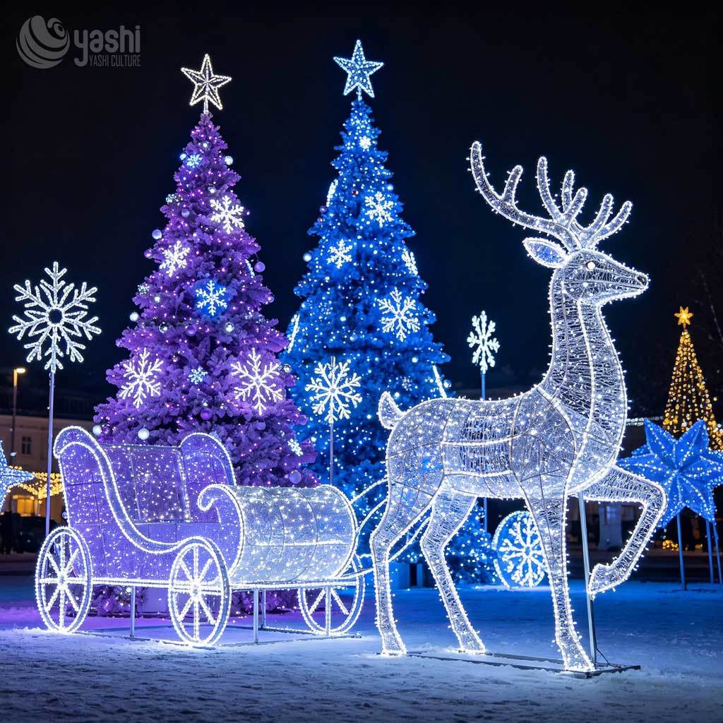 Custom LED Wire Frame Reindeer & Sleigh Motif Light Set, Outdoor Christmas Light Sculpture With Giant Xmas Trees For Plaza Holiday Display