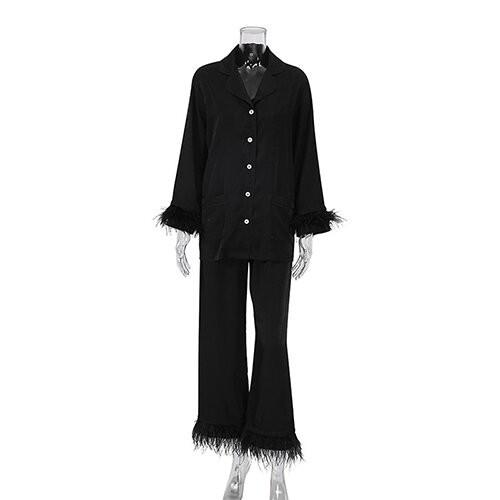 Do algodão maufactory dos pijamas do OEM ternos de seda da calças Autumn Long Sleeved Ostrich Hair fora de vestir